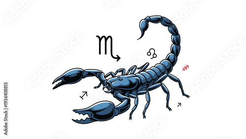 Detailed blue scorpion surrounded by the astrological sign for Scorpio and other celestial symbols on a white background.