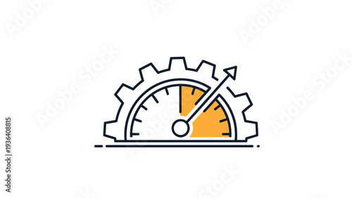 Speedometer gauge with an orange indicator needle is integrated with a gear symbol to represent performance, optimization, and efficiency tools.