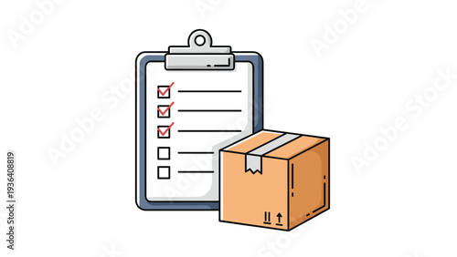 Clipboard with a checklist and red checkmarks is placed next to a cardboard shipping box to represent logistics, inventory, and order fulfillment.