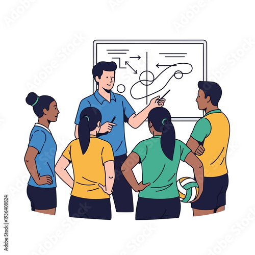 Sports Coach Explaining Strategy on Whiteboard to Young Athletes Team