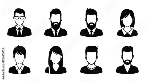 A group of eight people icons in black and white