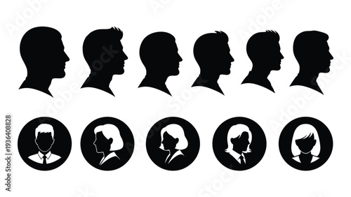 A group of black and white silhouettes of people's heads