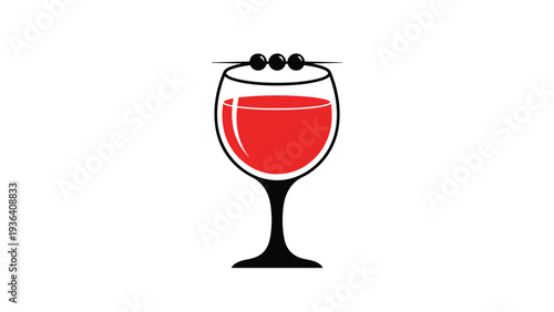 Elegant wine glass filled with red liquid is garnished with three black olives on a toothpick for a sophisticated beverage illustration design.