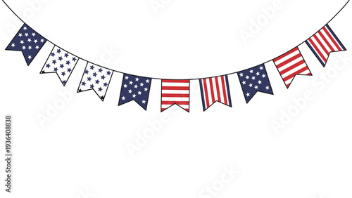 String of flag bunting featuring alternating american flag patterns of stars and stripes hanging in a curved line.