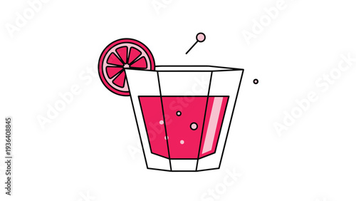 Refreshing pink drink in a faceted glass garnished with a slice of grapefruit or blood orange and small pink bubbles.