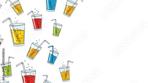Fun seamless pattern covers the left side of the frame with colorful glasses of fizzy drinks and straws in various hues for a party theme.