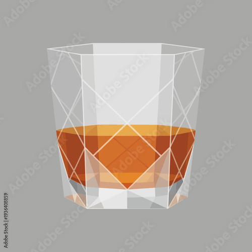 Geometric Glass of Amber Whiskey or Brandy with Ice Cubes on Gray Background