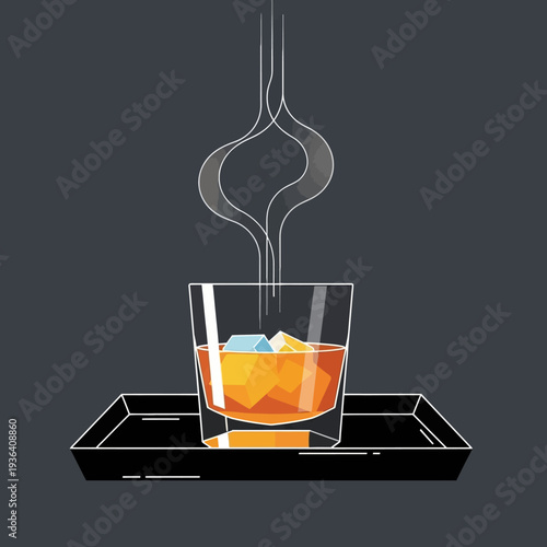 Geometric Whiskey Glass with Ice Cubes and Smoke on Tray