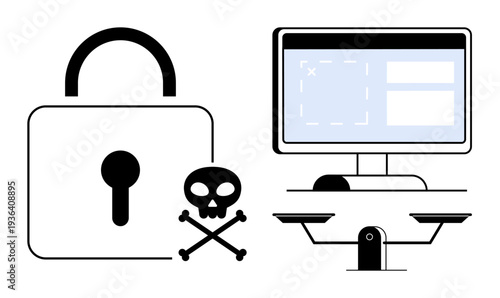 Data protection, hacking threats, cybercrime, online safety, system security, privacy measures. Black lock and skull alongside computer screen signifies threats to online security. Data protection