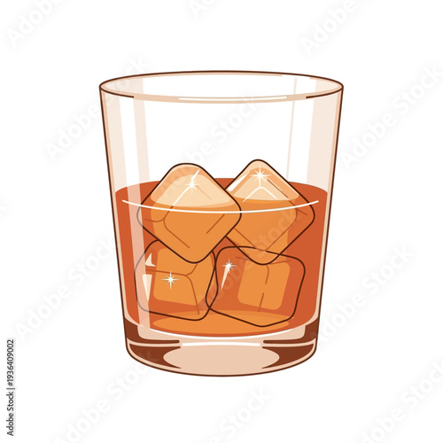 Glass of whiskey with ice cubes, refreshing alcoholic drink, amber liquid, studio shot