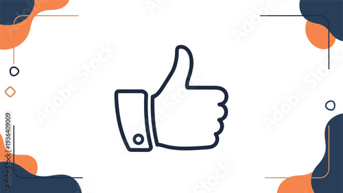 Thumbs up hand icon representing likes and approval with abstract blue and orange decorative shapes in the corners.