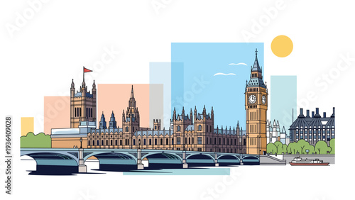 Artistic illustration of the london skyline featuring the palace of westminster and big ben with abstract sky elements.