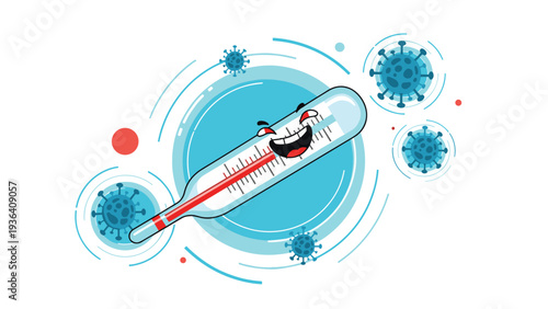 Cartoon medical thermometer with a happy smiling face surrounded by blue virus icons representing fever and health.