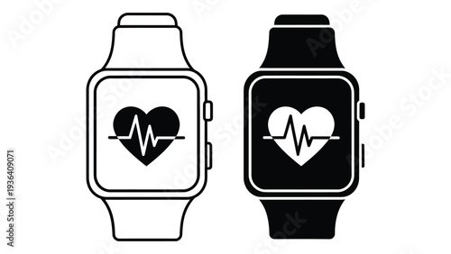 Two smartwatches with heart rate monitor symbols on their screens