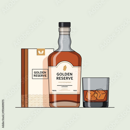 Golden Reserve Whiskey Bottle, Box, and Glass with Ice Cubes