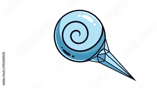 Magical blue orb or crystal ball with a spiral pattern resting on a sharp crystal base isolated on white background.