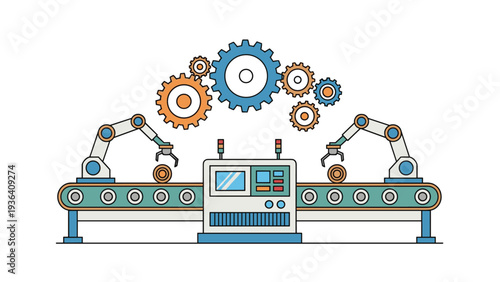 Industrial automated production line with a conveyor belt robotic arms and gears representing modern manufacturing.