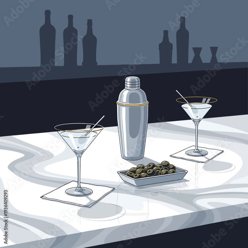 Martini glasses, shaker, and olives on a bar counter, elegant cocktail setup