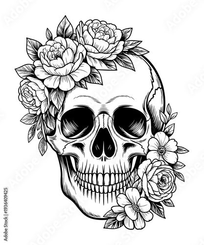 Floral Skull with Detailed Flowers
