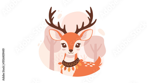 Cute illustration of a young deer with large antlers and a decorative necklace in front of a soft pinkish background.