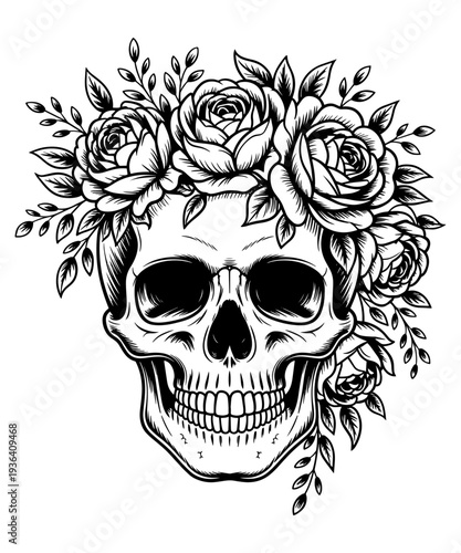 Skull with Floral Crown of Roses