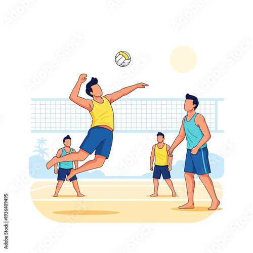 Beach Volleyball Game: Players Competing on Sand Court Under Sunny Sky