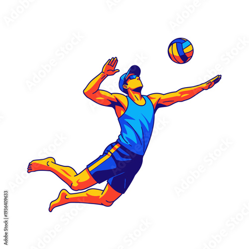 Beach Volleyball Player Jumping to Spike Ball - Dynamic Action Illustration