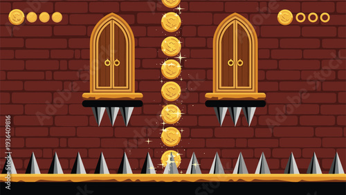 Pixel art platformer game level design features a brick wall, golden coins to collect, and dangerous spikes below.