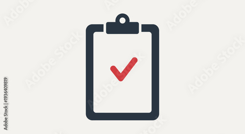 Minimalist clipboard icon with red checkmark