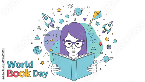 Young girl reading a book surrounded by creative doodles of space, rockets, and planets for World Book Day event.