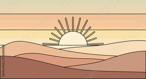 Minimalist desert landscape with sun setting over dunes in warm tones