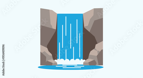Minimalist flat design waterfall flowing between rocks