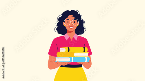 Smiling young woman with curly hair and round glasses holds a stack of colorful books for education or library.