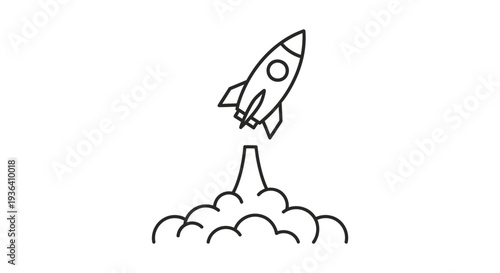 Minimalist line art rocket taking off with smoke icon