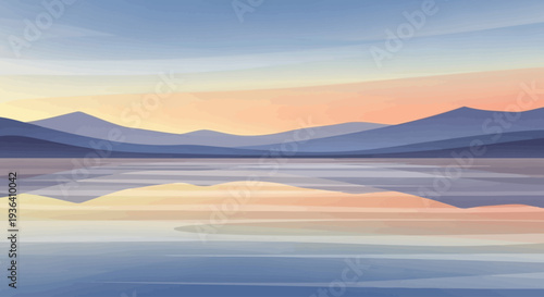Minimalist mountain landscape reflecting in tranquil lake at sunset