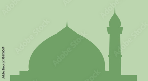 Bilde på lerret Minimalist mosque silhouette with dome and minaret on green background