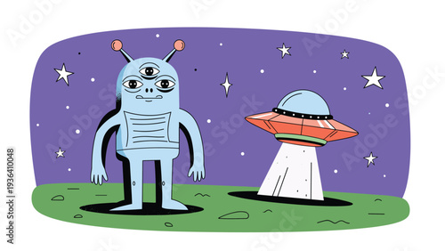Three-eyed blue alien stands in space next to a flying saucer UFO under a starry purple sky for sci-fi concepts.