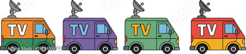 Television Broadcast Van Cartoon Set with Satellite Dish and TV Logo Colorful Vector Illustration Isolated on White Background for Media Design