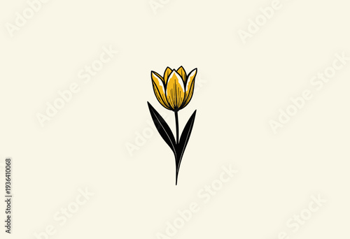 Minimalistic illustration of a single yellow tulip with green leaves on a neutral background, showcasing simplicity and elegance in floral design art