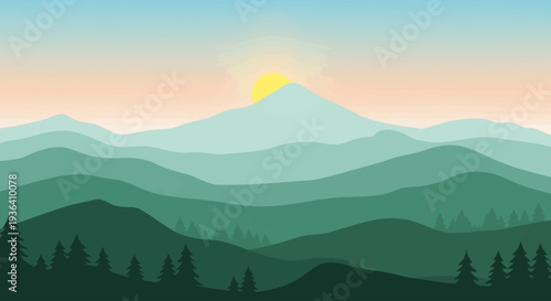 Minimalist mountain landscape with rising sun and forest