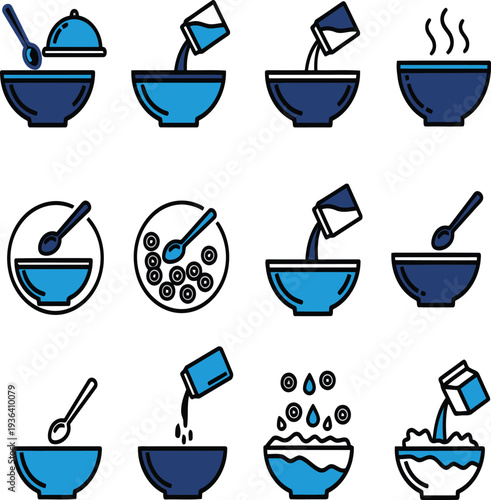 A set of icons depicting various actions and steps for mixing and blending ingredients in a bowl with a spoon or whisk
