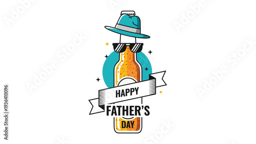 Beer bottle wearing a blue fedora and sunglasses celebrates Happy Fathers Day with a stylish ribbon and stars.
