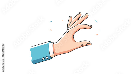 Hand in a blue business suit sleeve makes a pinching or measuring gesture against a clean white background.