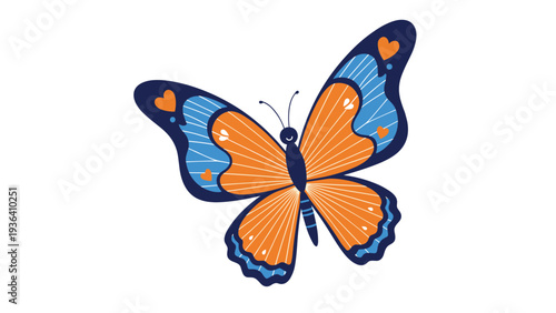 Detailed orange and blue butterfly illustration shows intricate wing patterns and hearts on a white background.