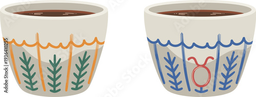 Hand drawn coffee and tea ceramic cup vector set with various decorative patterns for kitchen cafe