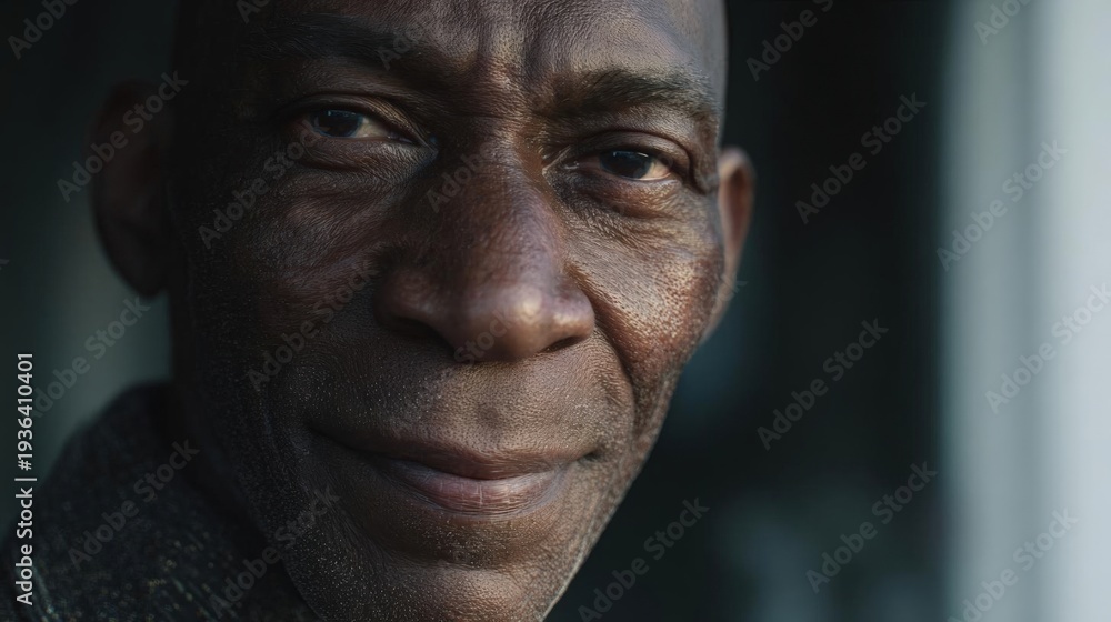 Fototapeta premium Close-up portrait of an african-american man's face. he appears to be in his late 60s or early 70s, with a wrinkled face and a prominent nose.