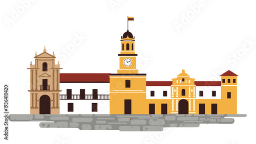 South American colonial town skyline showcases colorful historic buildings and a central clock tower structure.