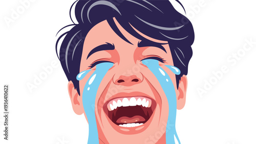 Close up of a persons face laughing hysterically with tears of joy streaming down their cheeks in a cartoon style.