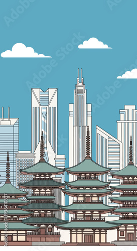 Modern City Skyline with Traditional Temples