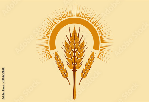 Illustration of Golden Wheat Ears with Radiating Sunburst Symbolizing Agriculture and Harvest Themes in Warm Tones